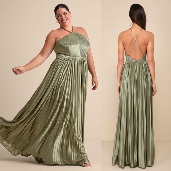LULUS Olive Satin Pleated Sleeveless Halter Neck Wedding Guest Formal Gown XS - Picture 2 of 9